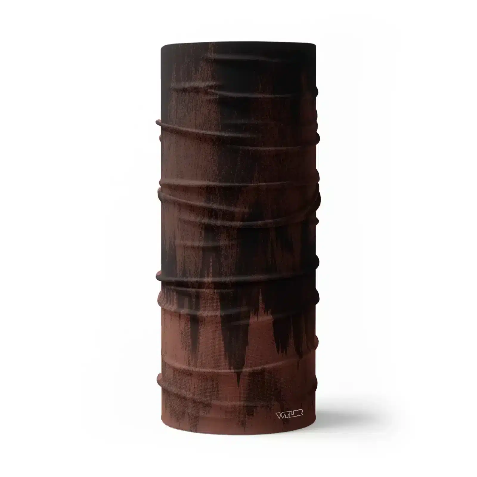 image of a tubular neck gaiter. the design mimics what might be seen on a depth finder and features three tones of orange colors.