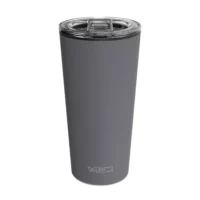 an image of a 15 oz tumbler with a glass insert and BPA-free lid made of Tritan plastic. The shell is in a gray color called Smoke and has the brand name Wyldr engraved at the bottom.