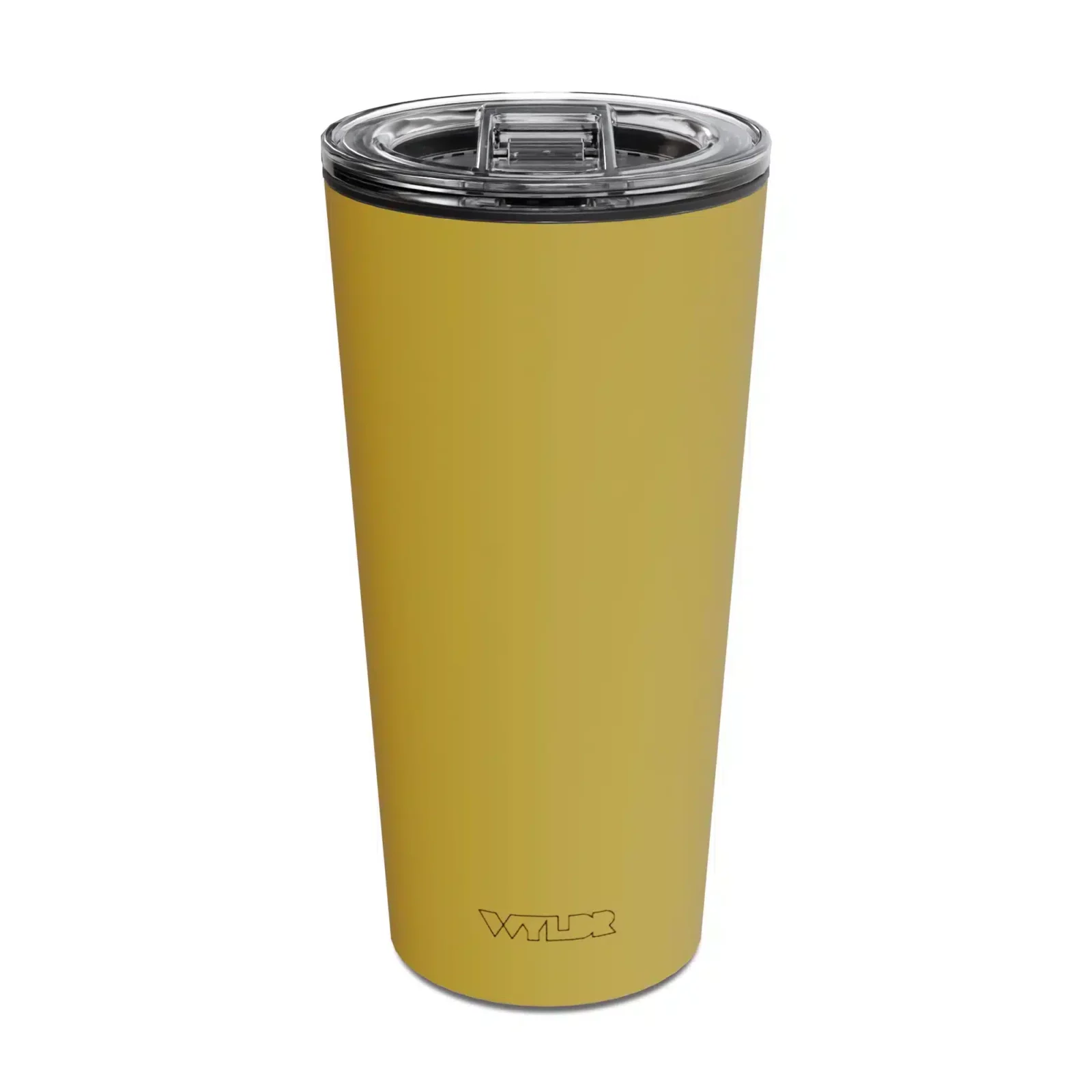 an image of a 15 oz tumbler with a glass insert and BPA-free lid made of Tritan plastic. The shell is in a yellow color called Sunflower and has the brand name Wyldr engraved at the bottom.