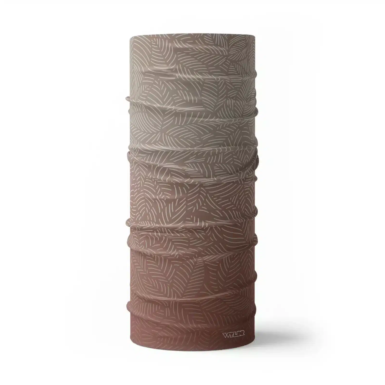image of a tubular neck gaiter with a crisp leaf pattern overlaid on a gradient background. The colors used in the gradiant are dune, putty and cedar.