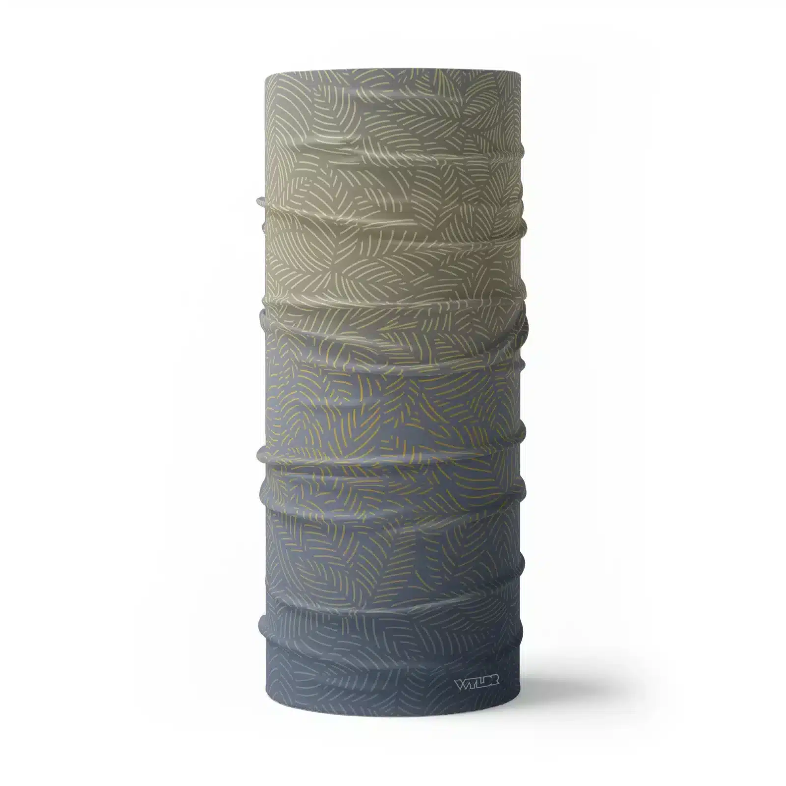image of a tubular neck gaiter with a crisp leaf pattern overlaid on a gradient background. The colors used in the gradiant are lake, sunflower and dune.