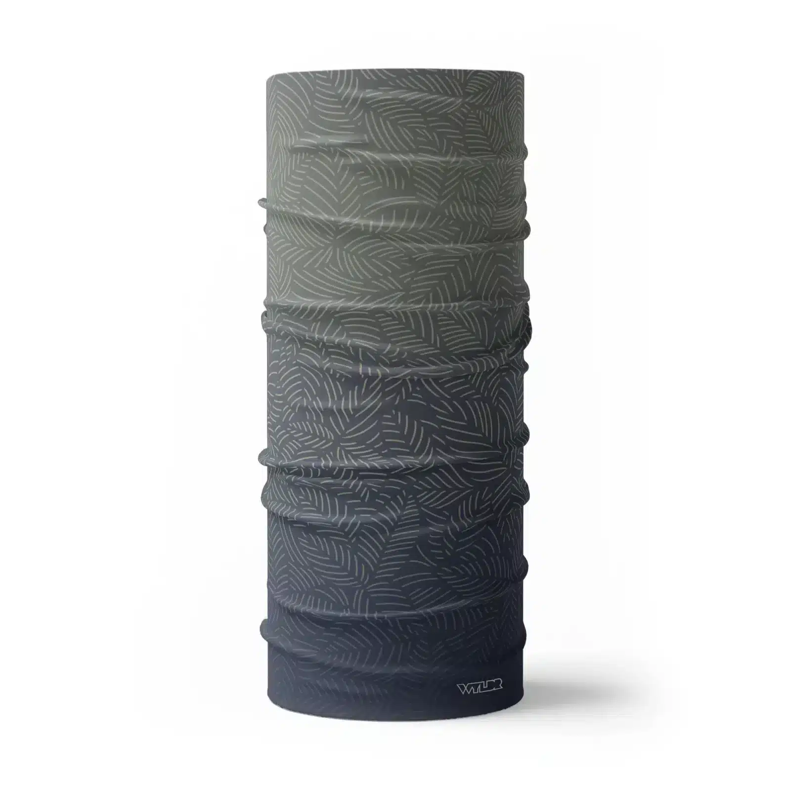 image of a tubular neck gaiter with a crisp leaf pattern overlaid on a gradient background. The colors used in the gradiant are rain, slate and dune.