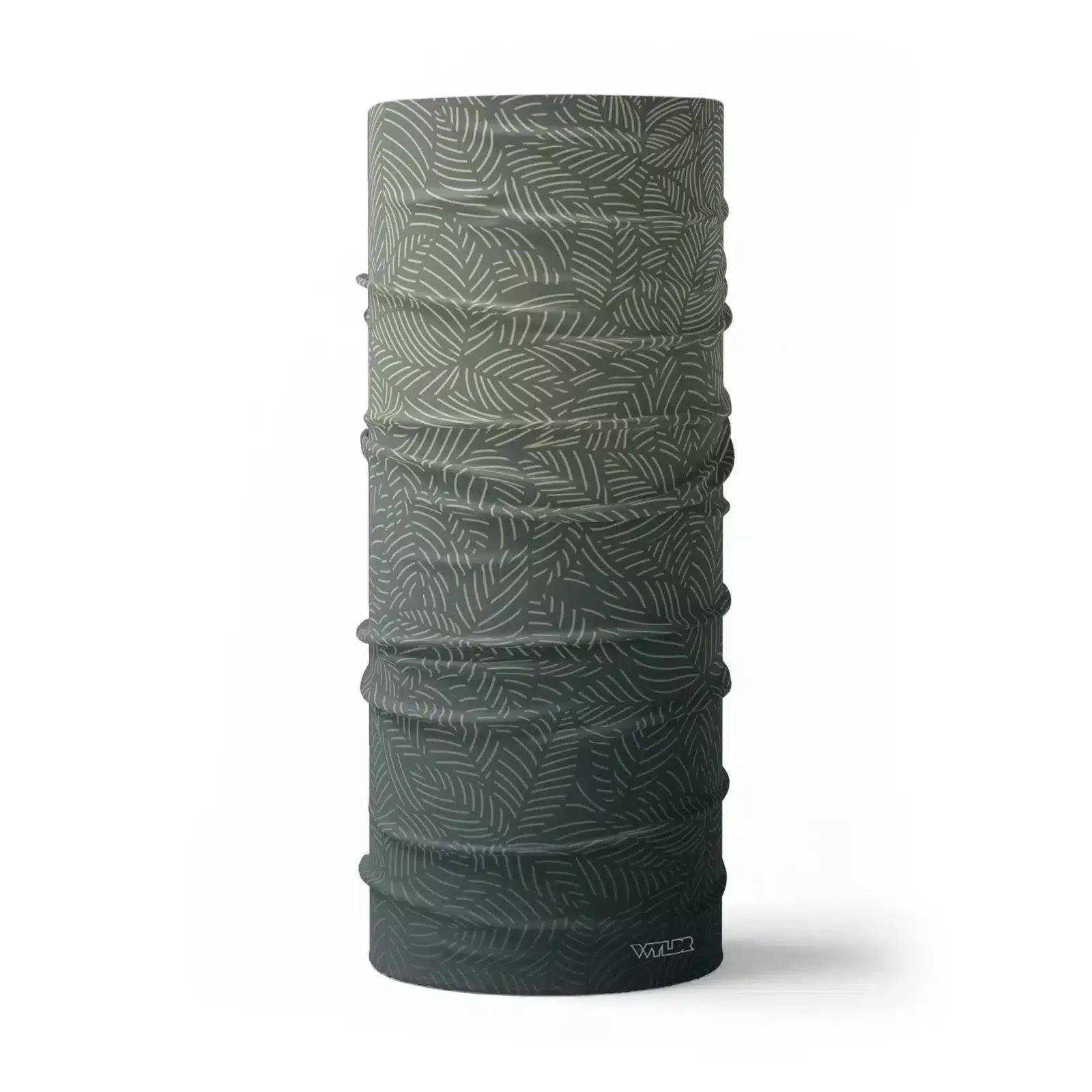 image of a tubular neck gaiter with a crisp leaf pattern overlaid on a gradient background. The colors used in the gradiant are slate, sunflower and sage.