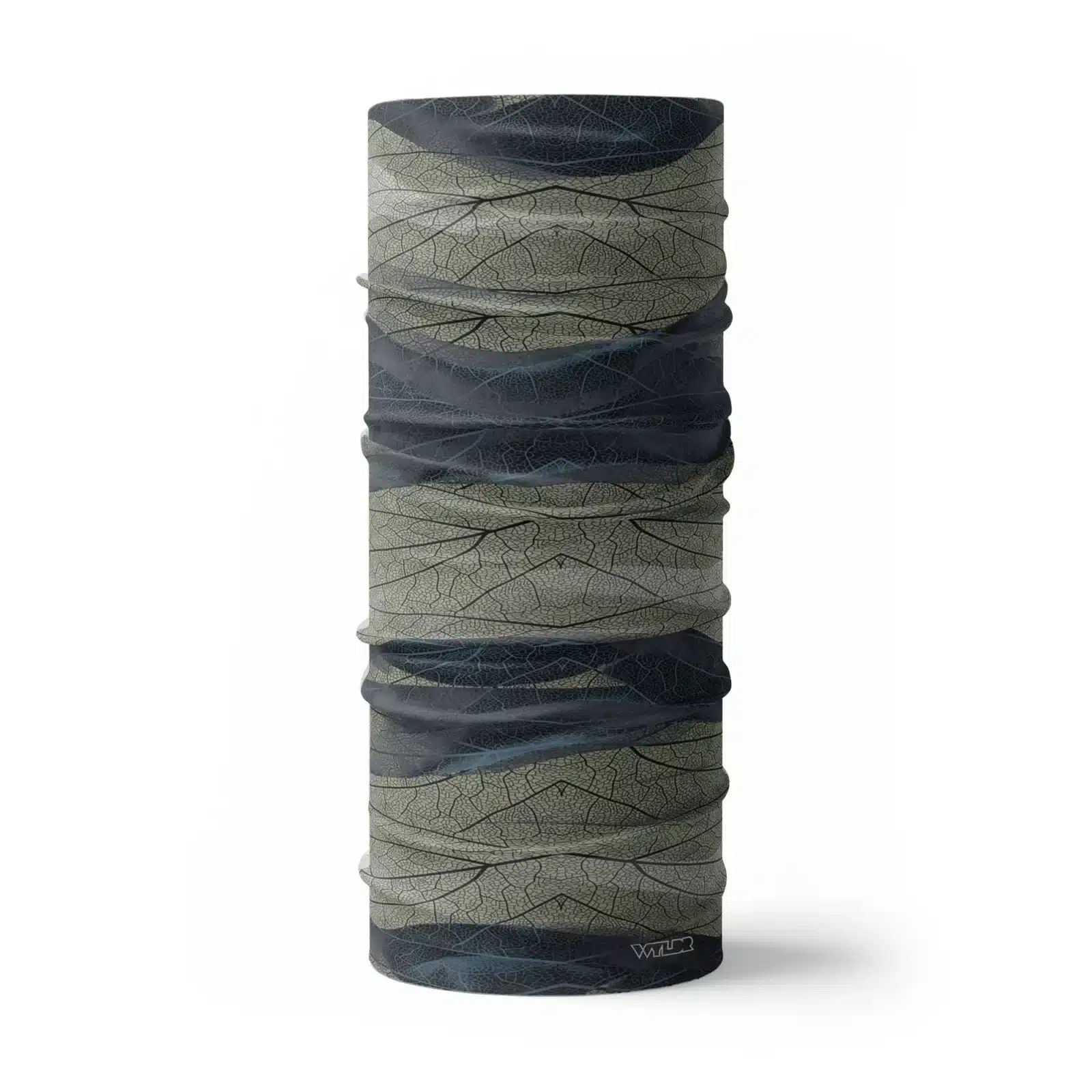 an image of a full neck gaiter. The design features lines and breaks to recreate the look of a leaf print. The colors behind the print mimic waves. This image showcases colors in cool blues and greens.
