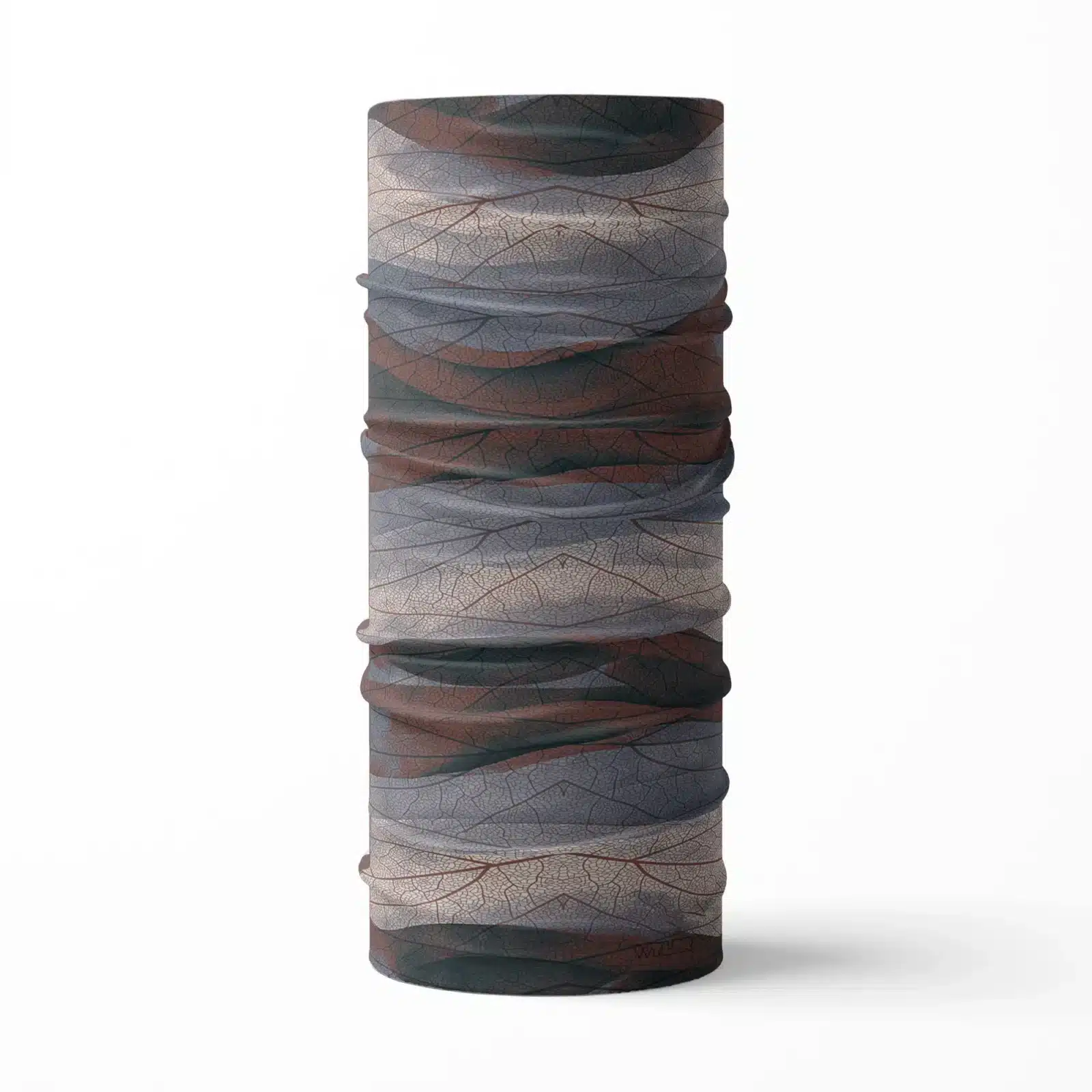 an image of a full neck gaiter. The design features lines and breaks to recreate the look of a leaf print. The colors behind the print mimic waves. This image showcases colors in cool reds, grays and blues.