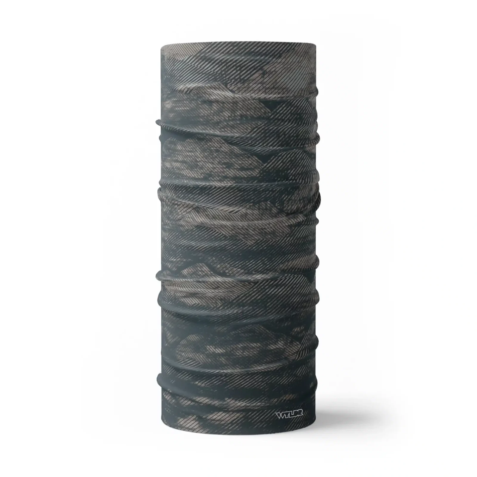 an image of a full neck gaiter in an abstract pattern. lines are used to create the illusion of mountain ridges. this is in the coal/hibiscus color variant