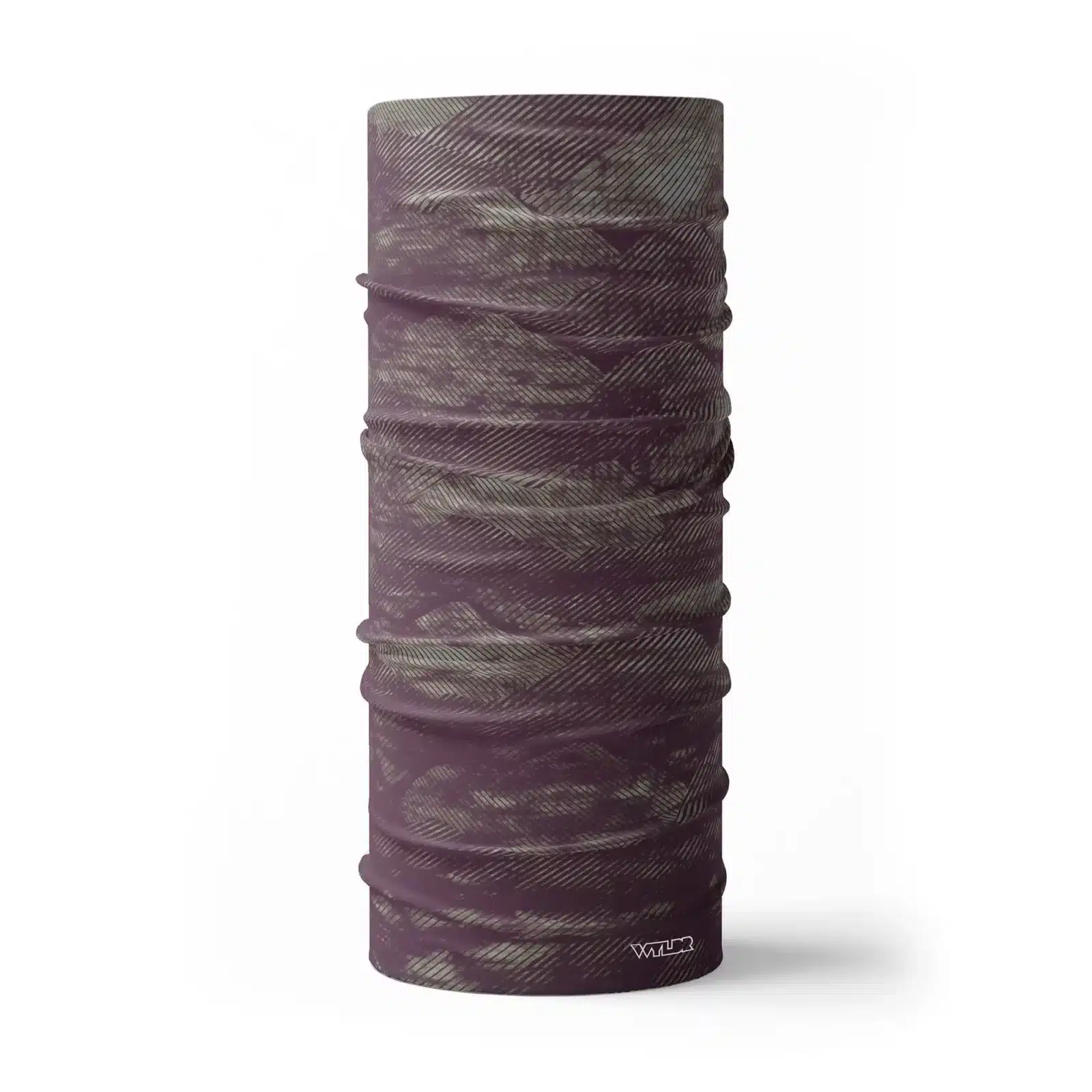 an image of a full neck gaiter in an abstract pattern. lines are used to create the illusion of mountain ridges. this is in the vine/celery color variant