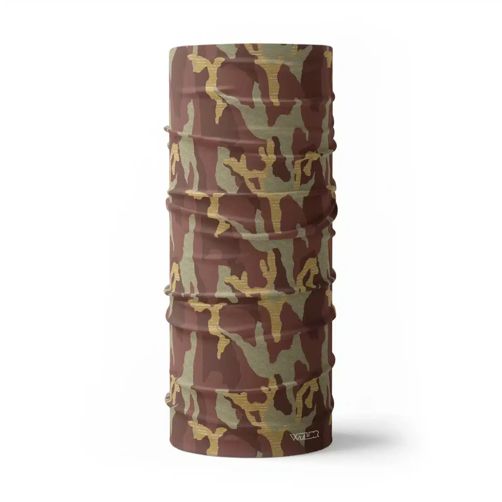 an image of full size neck gaiter in a camo pattern. inspired by current military camo, this takes that design and adds lined texture to some of the colors. featuring cedar and celery color variants