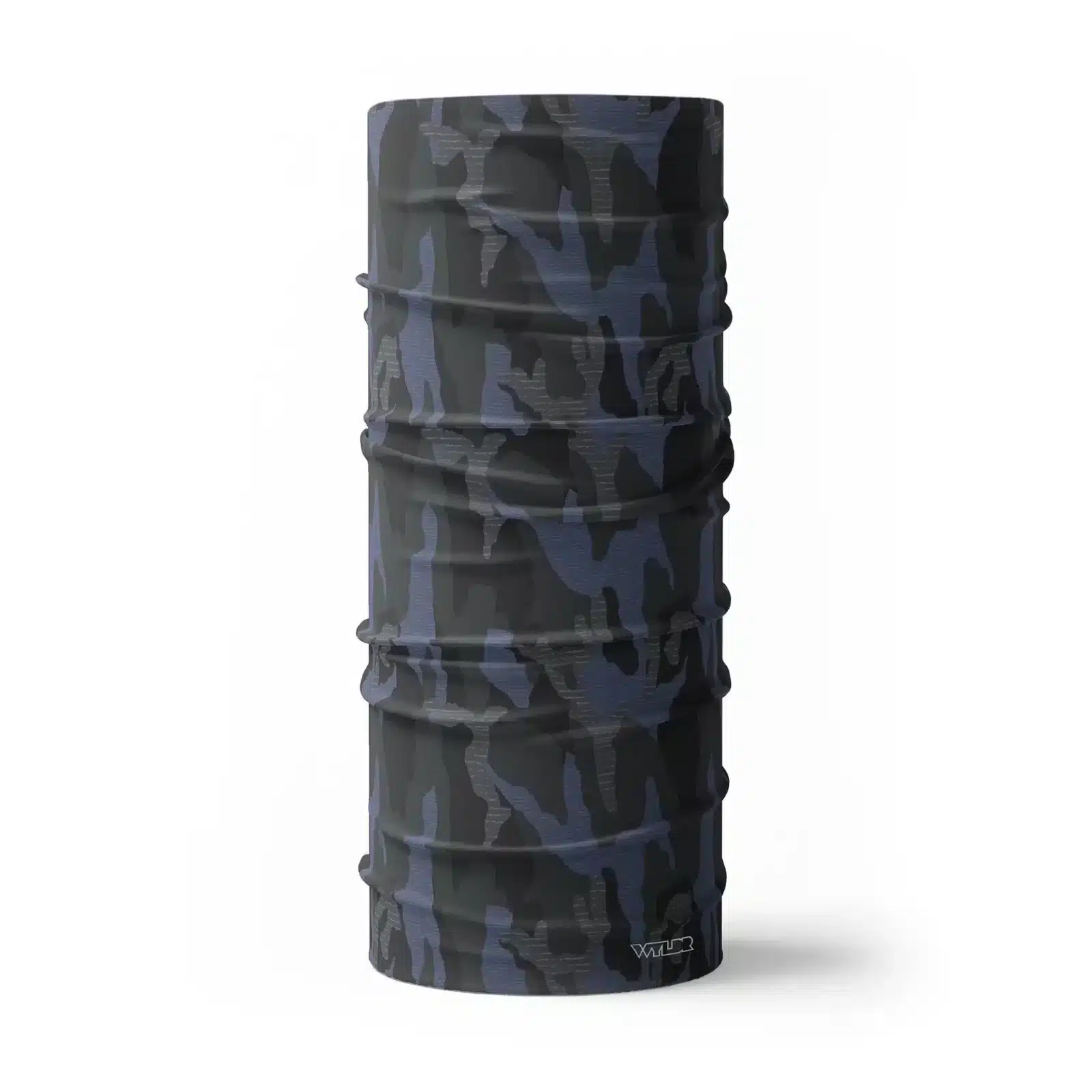 an image of full size neck gaiter in a camo pattern. inspired by current military camo, this takes that design and adds lined texture to some of the colors. featuring coal and smoke color variants