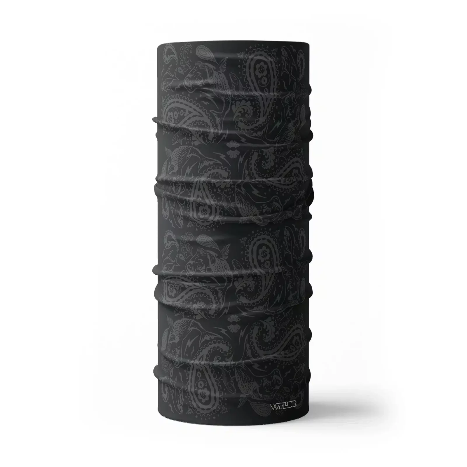 an image of a full neck gaiter where traditional paisley elements have been replaced with different fish species. this design is available in a coal/smoke color variant