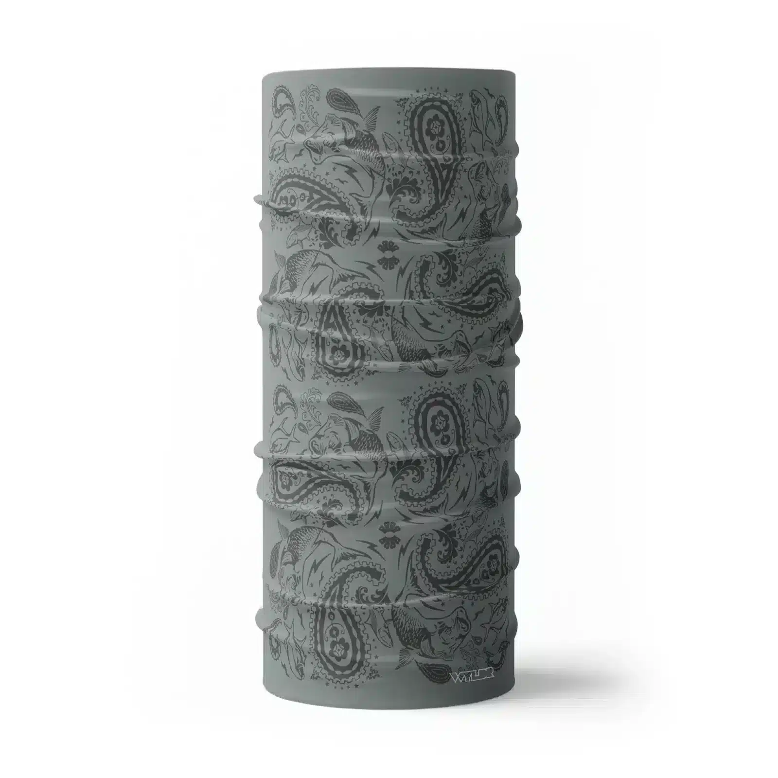 an image of a full neck gaiter where traditional paisley elements have been replaced with different fish species. this design is available in a smoke/coal color variant