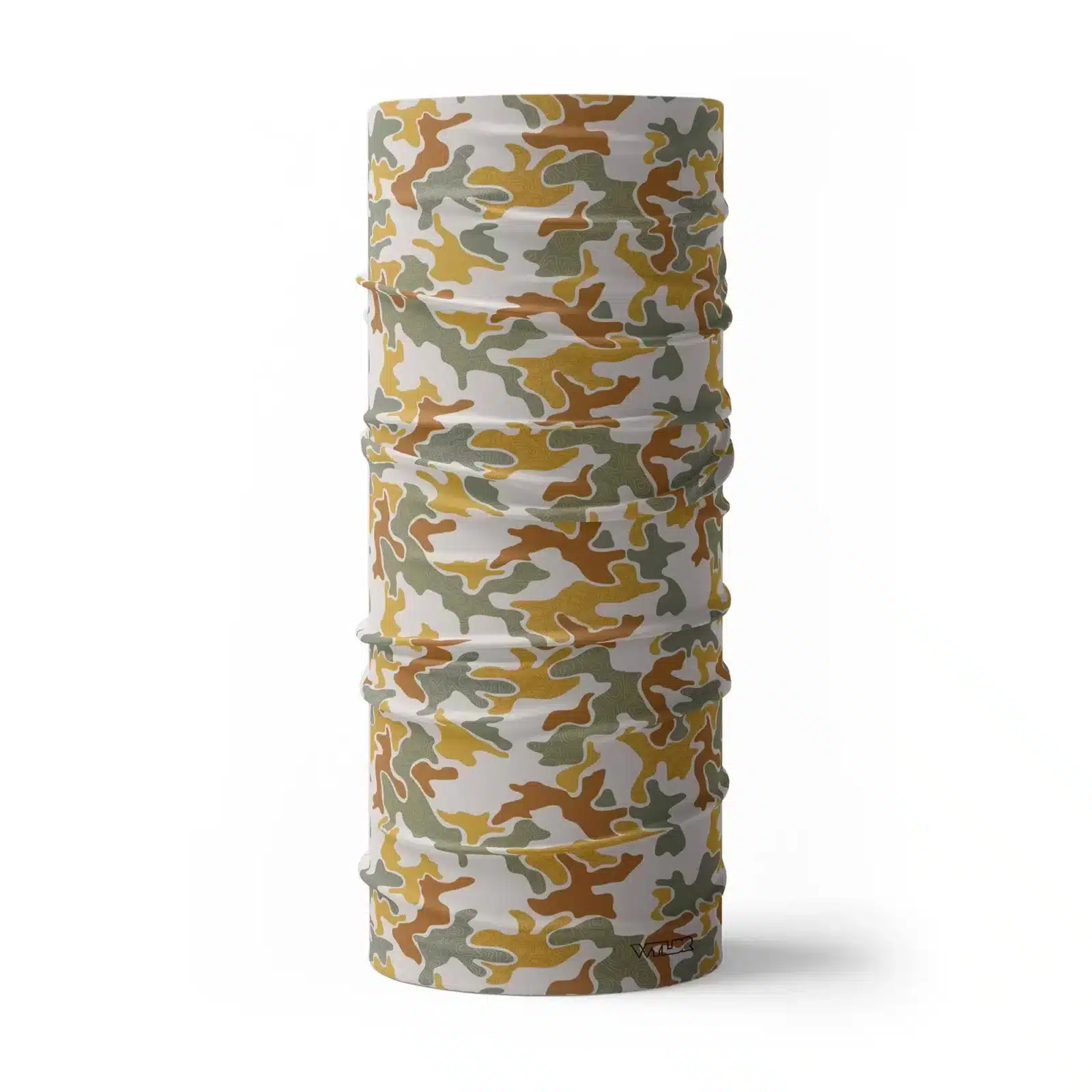 image of a tubular neck gaiter in an updated version of the US Woodland style camo. A topo design has been overlaid on some colors providing an intricate detail to the pattern. The colors used in this design are sunflower, celery, cedar and dune.