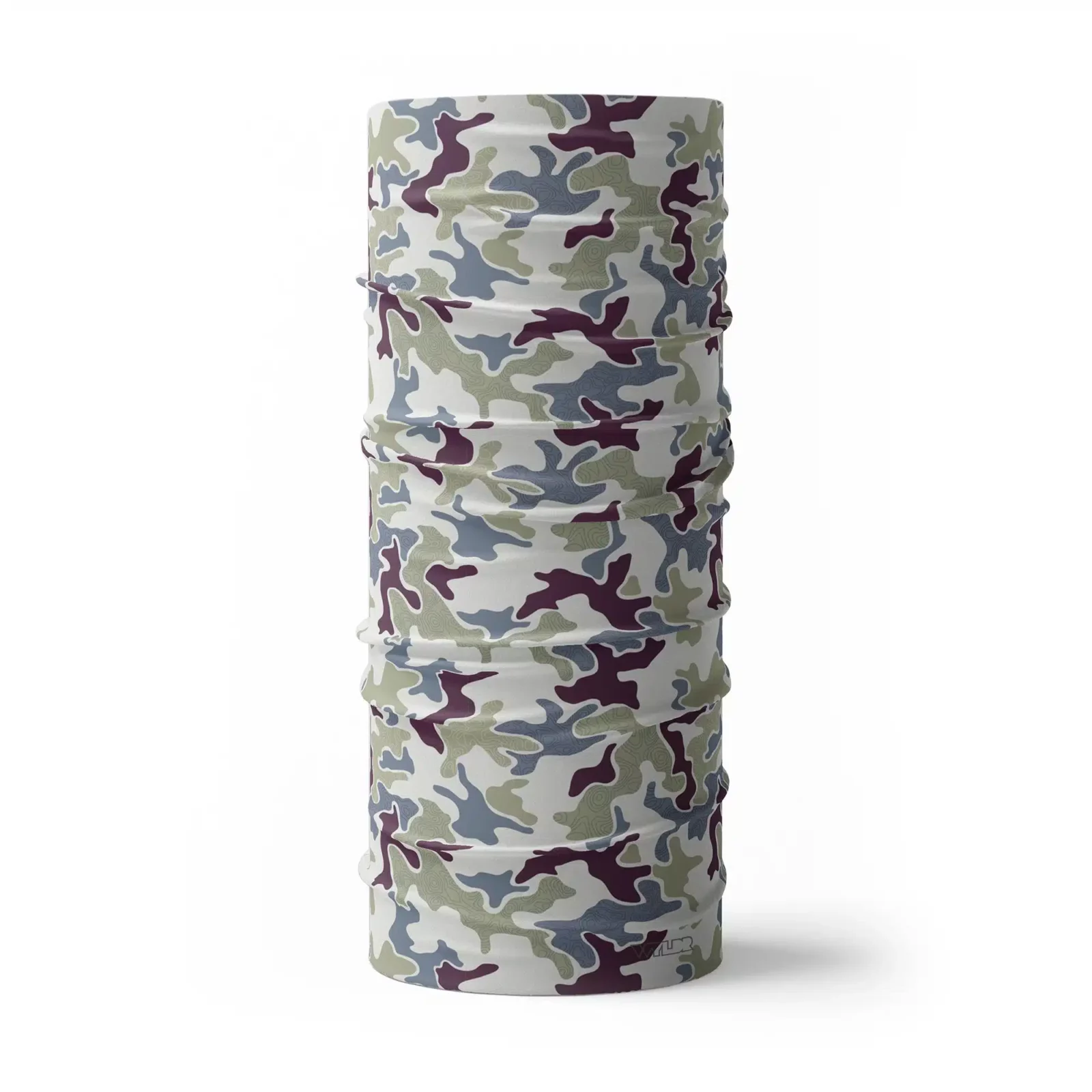 image of a tubular neck gaiter in an updated version of the US Woodland style camo. A topo design has been overlaid on some colors providing an intricate detail to the pattern. The colors used in this design are vine, lake, celery and dune.