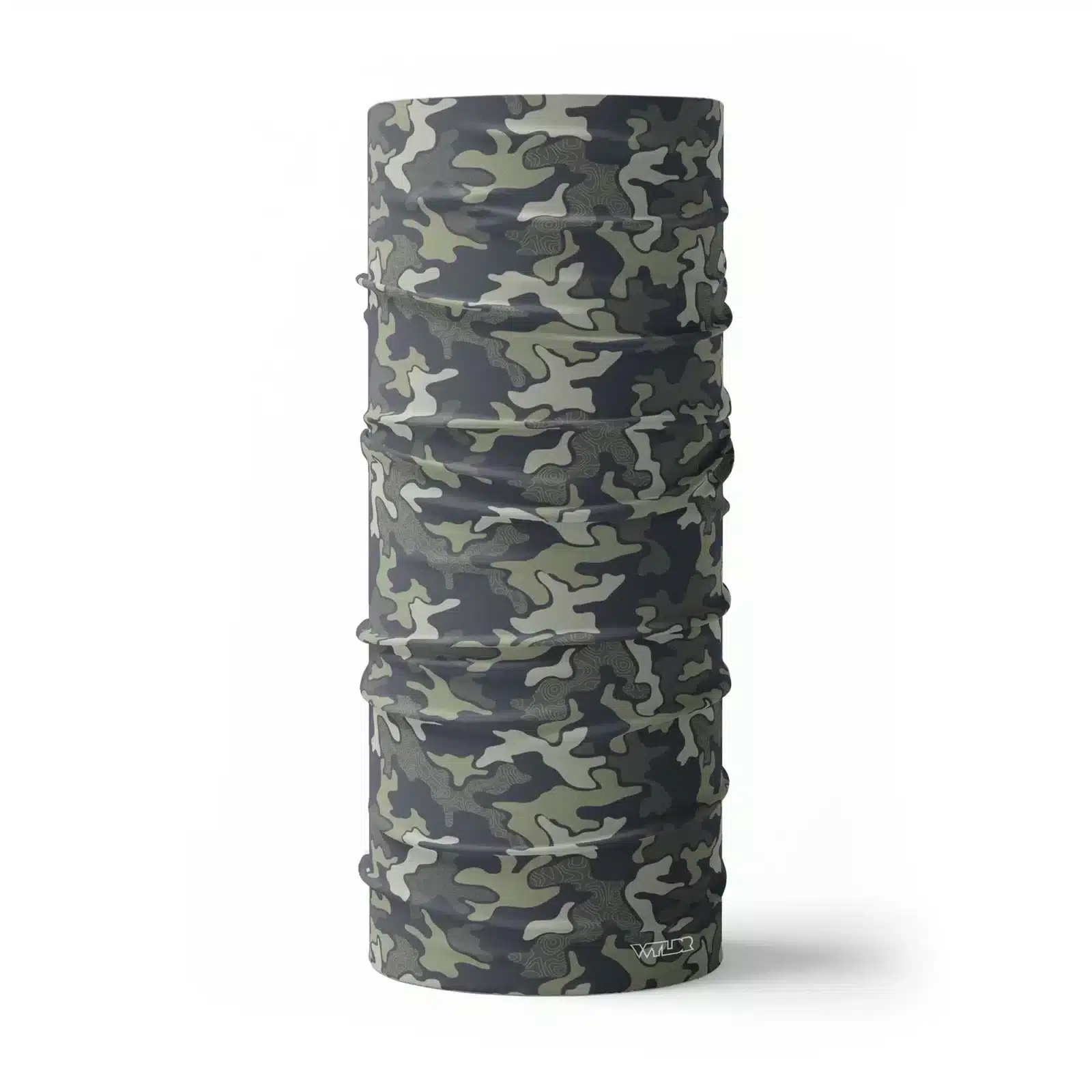 image of a tubular neck gaiter in an updated version of the US Woodland style camo. A topo design has been overlaid on some colors providing an intricate detail to the pattern. The colors used in this design are sage, smoke, coal and dune.