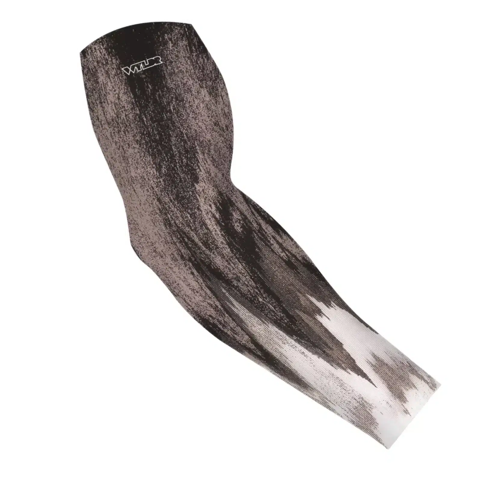 an image of an arm sleeve in an abstract design. it brings to mind the image created by a sonic/sonar fish finder. this design is in shades of white, pinks and gray