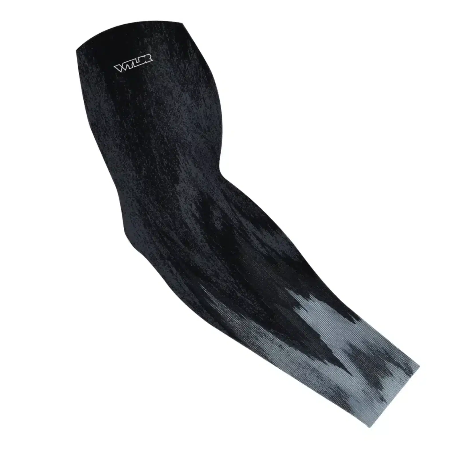 an image of an arm sleeve in an abstract design. it brings to mind the image created by a sonic/sonar fish finder. this design is in shades of light to dark blue