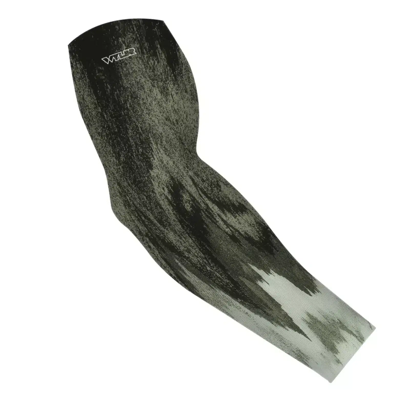 an image of an arm sleeve in an abstract design. it brings to mind the image created by a sonic/sonar fish finder. this design is in shades of light to dark green