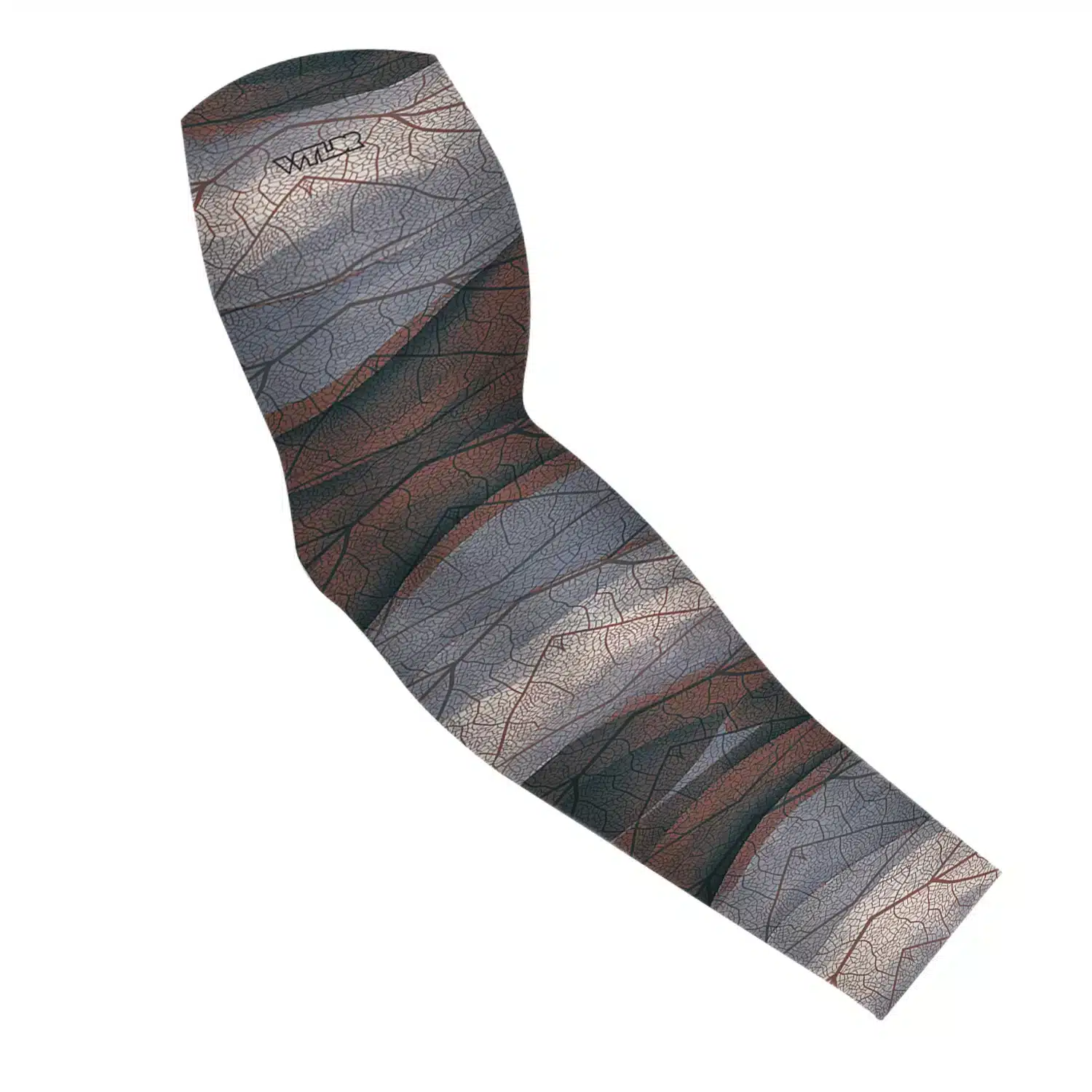 an image of an arm sleeve in an abstract pattern. lines are used to create the illusion the veins that run through leaves. the colors behind it are designed to mimic ocean waves. this is in the lake/cedar color variant