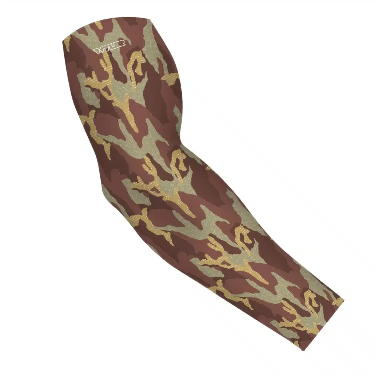 an image of an arm sleeve in a camo pattern. inspired by current military camo, this takes that design and adds lined texture to some of the colors. featuring cedar and sunflower color variants
