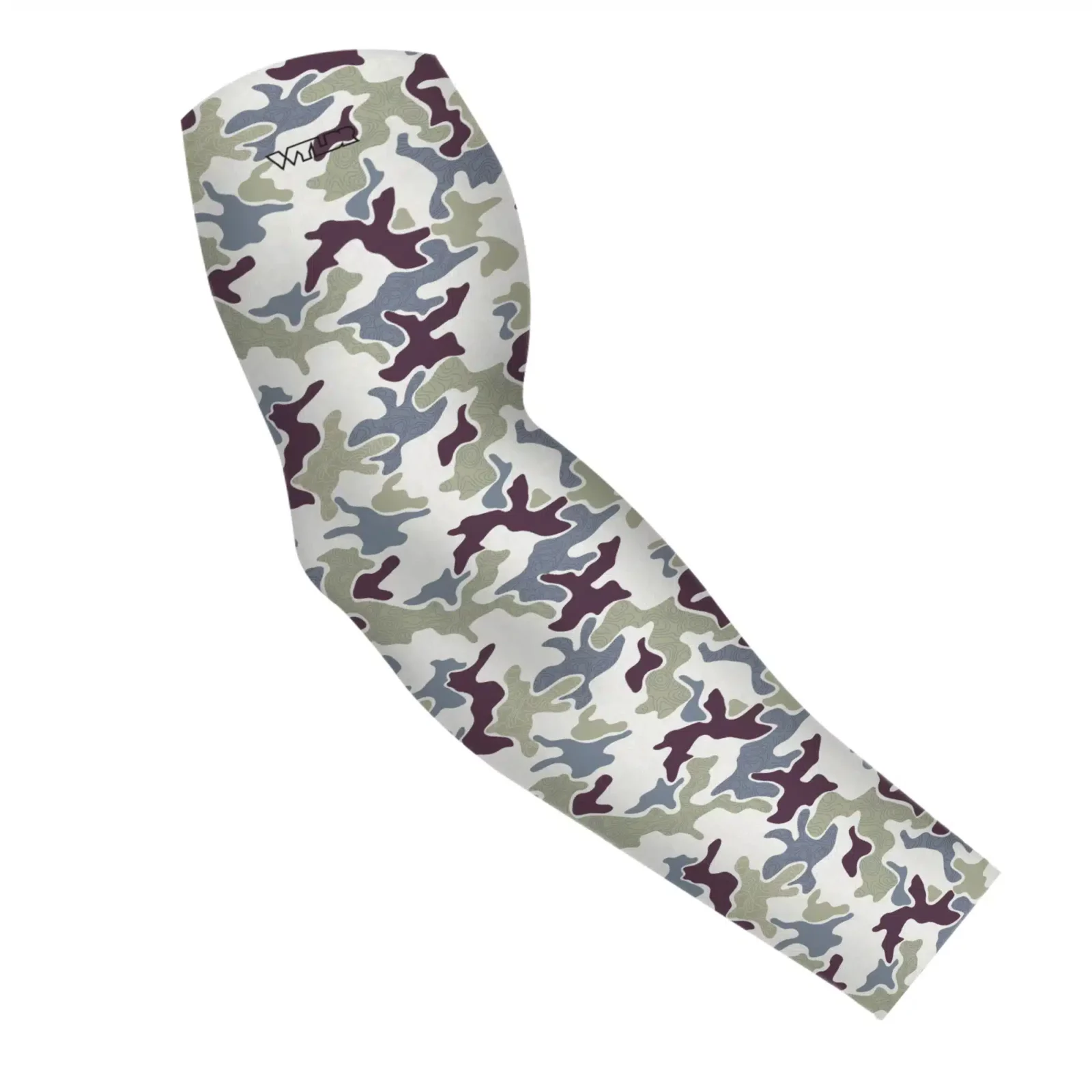an image of an arm sleeve using an old re-designed retro camo. a topo map has been placed behind some colors adding a new textured layer. the colors are in a celery/vine variant