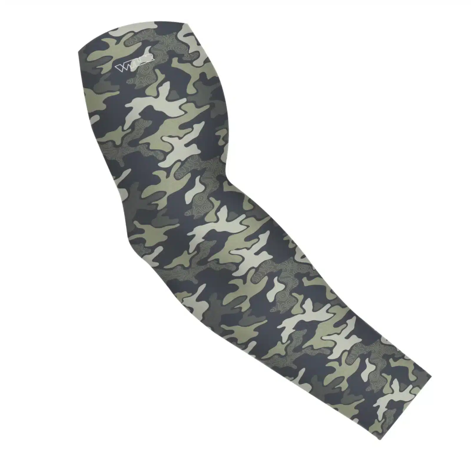 an image of an arm sleeve using an old re-designed retro camo. a topo map has been placed behind some colors adding a new textured layer. the colors are in a sage/smoke variant