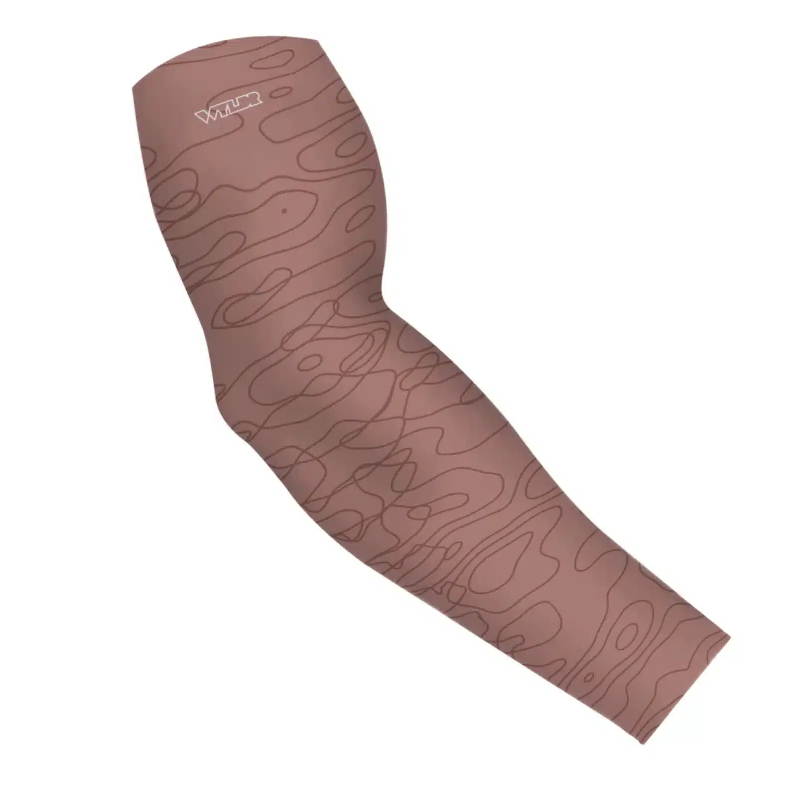 an image of an arm sleeve in a simple re-designed topographical map design. Background is a light clay/putty color with rust colored lines