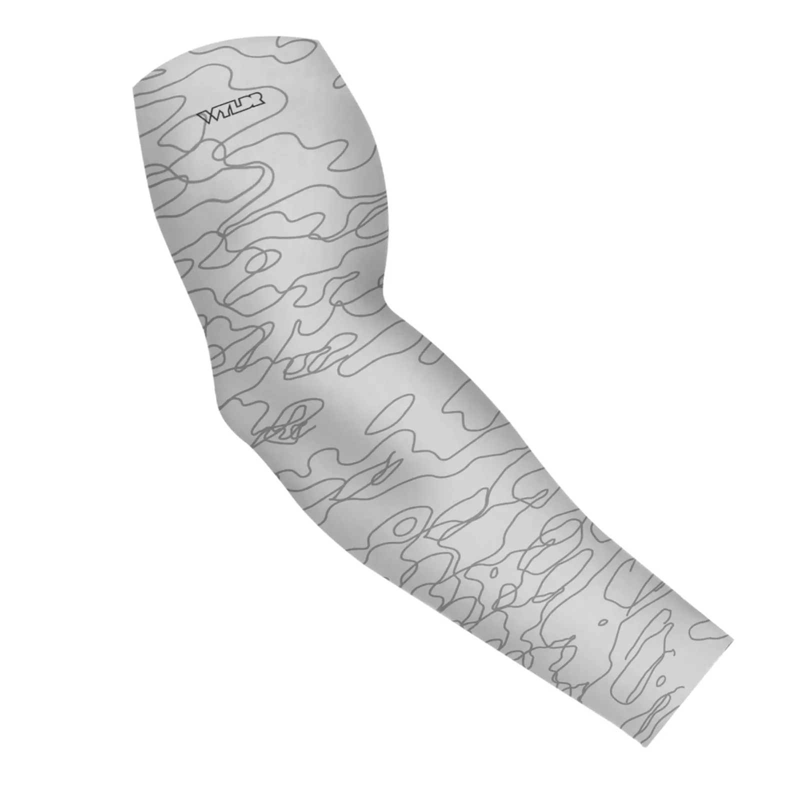 an image of an arm sleeve in a simple re-designed topographical map design. Background is an off-white with gray lines
