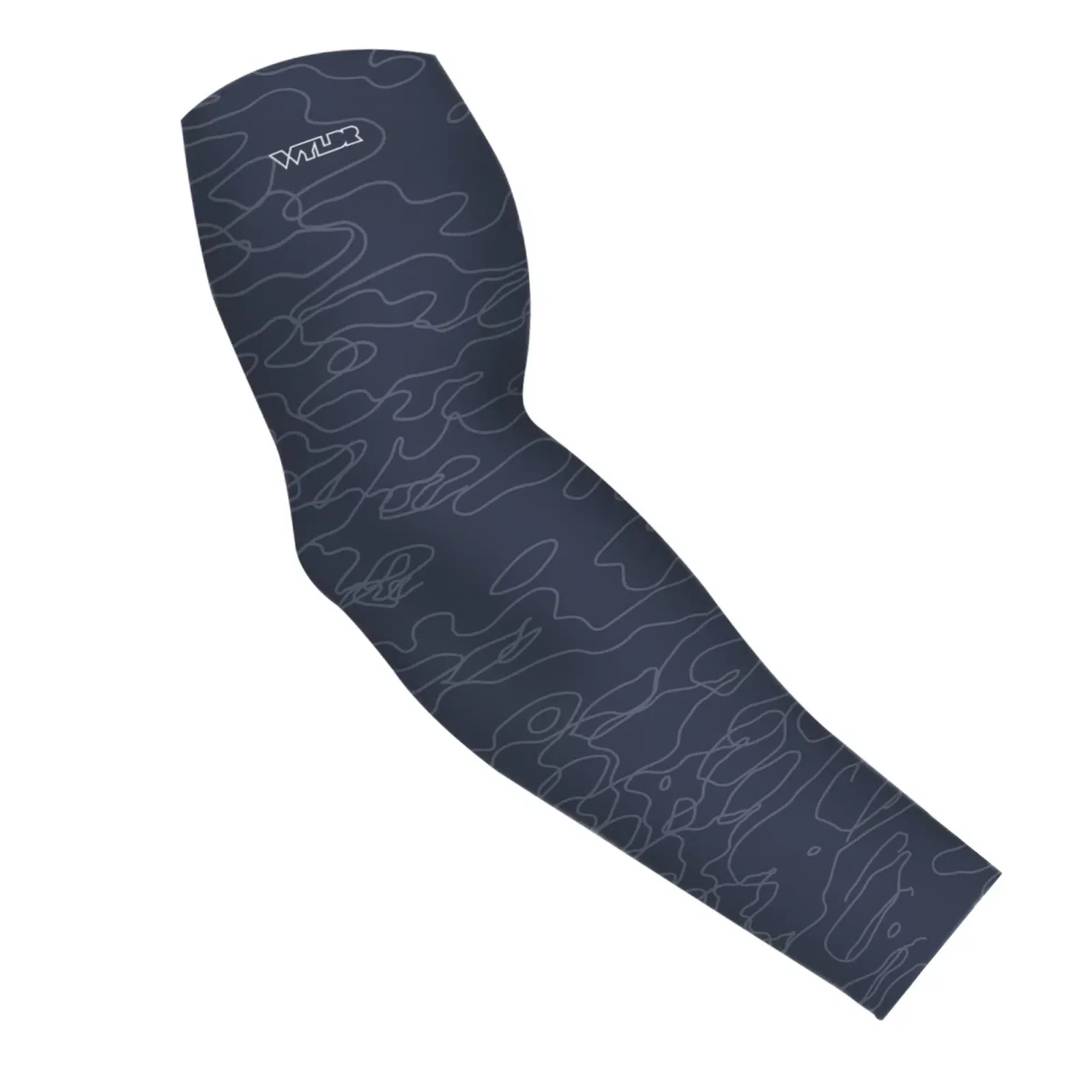 an image of an arm sleeve in a simple re-designed topographical map design. Background is a navy blue with light blue lines