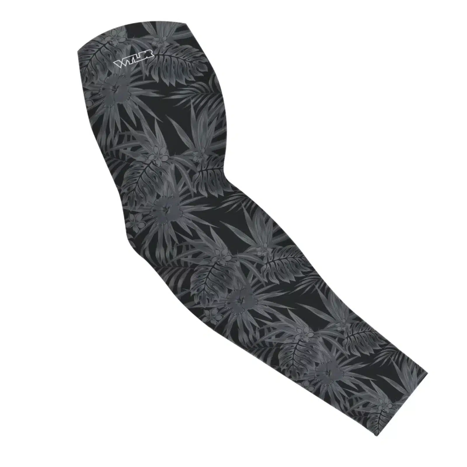 an image of an arm sleeve in an abstract pattern. lines are used to create the illusion of tropical flowers and leaves on a solid color background. this is in the coal/smoke color variant