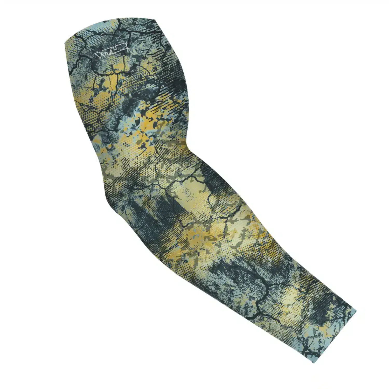 an image of an arm sleeve in an abstract pattern. lines are used to create the illusion cracks running across an icy surface. this is in the lake/sunflower color variant