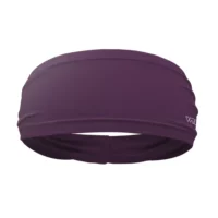 Front view of a headband that is 3 inches tall and tapers as it goes around to the back. The brand logo is on the bottom right side. this is a solid color in a purple shade called vine