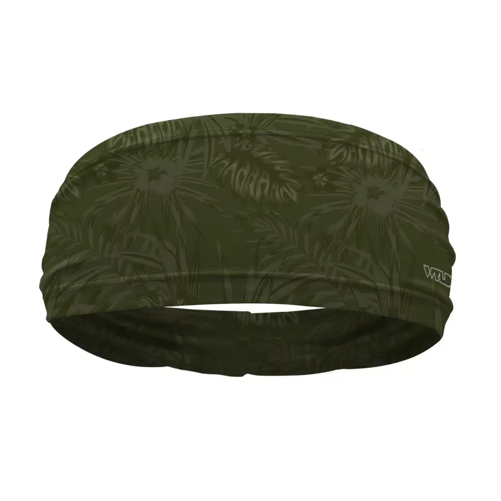 Front view of a headband that is 3 inches tall and tapers as it goes around to the back. The brand logo is on the bottom right side. The design is an abstract pattern. lines are used to create the illusion of tropical flowers and leaves on a solid color background. this is in the celery/smoke color variant