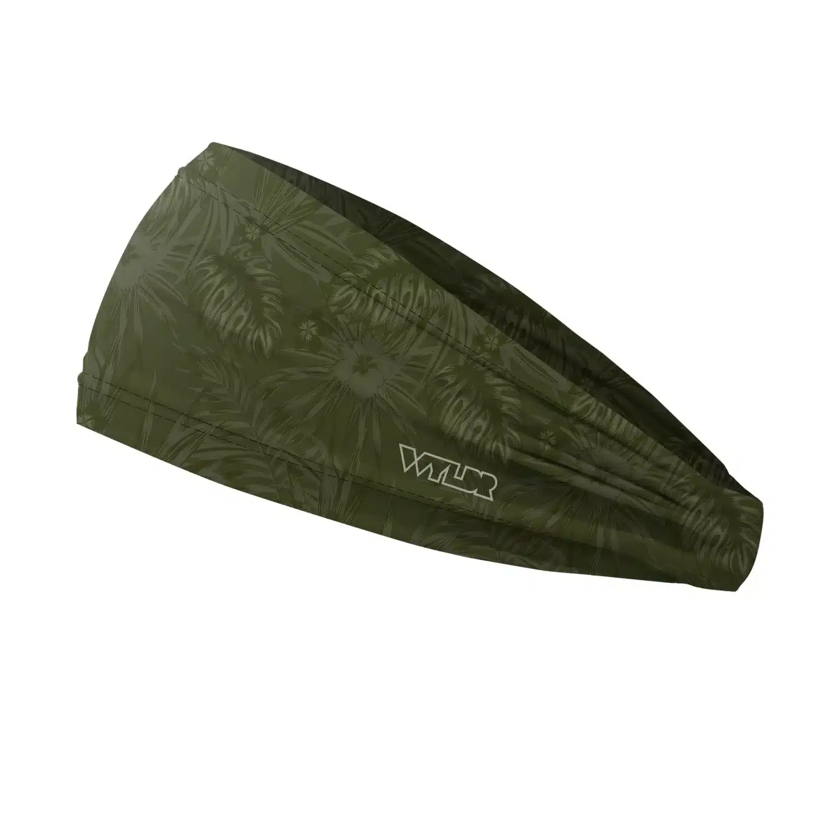 Side view of a headband that is 3 inches at the front and 1 inch in the back to show that it is tapered. The design is an abstract pattern. lines are used to create the illusion of tropical flowers and leaves on a solid color background. this is in the celery/smoke color variant