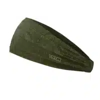 Side view of a headband that is 3 inches at the front and 1 inch in the back to show that it is tapered. The design is an abstract pattern. lines are used to create the illusion of tropical flowers and leaves on a solid color background. this is in the celery/smoke color variant