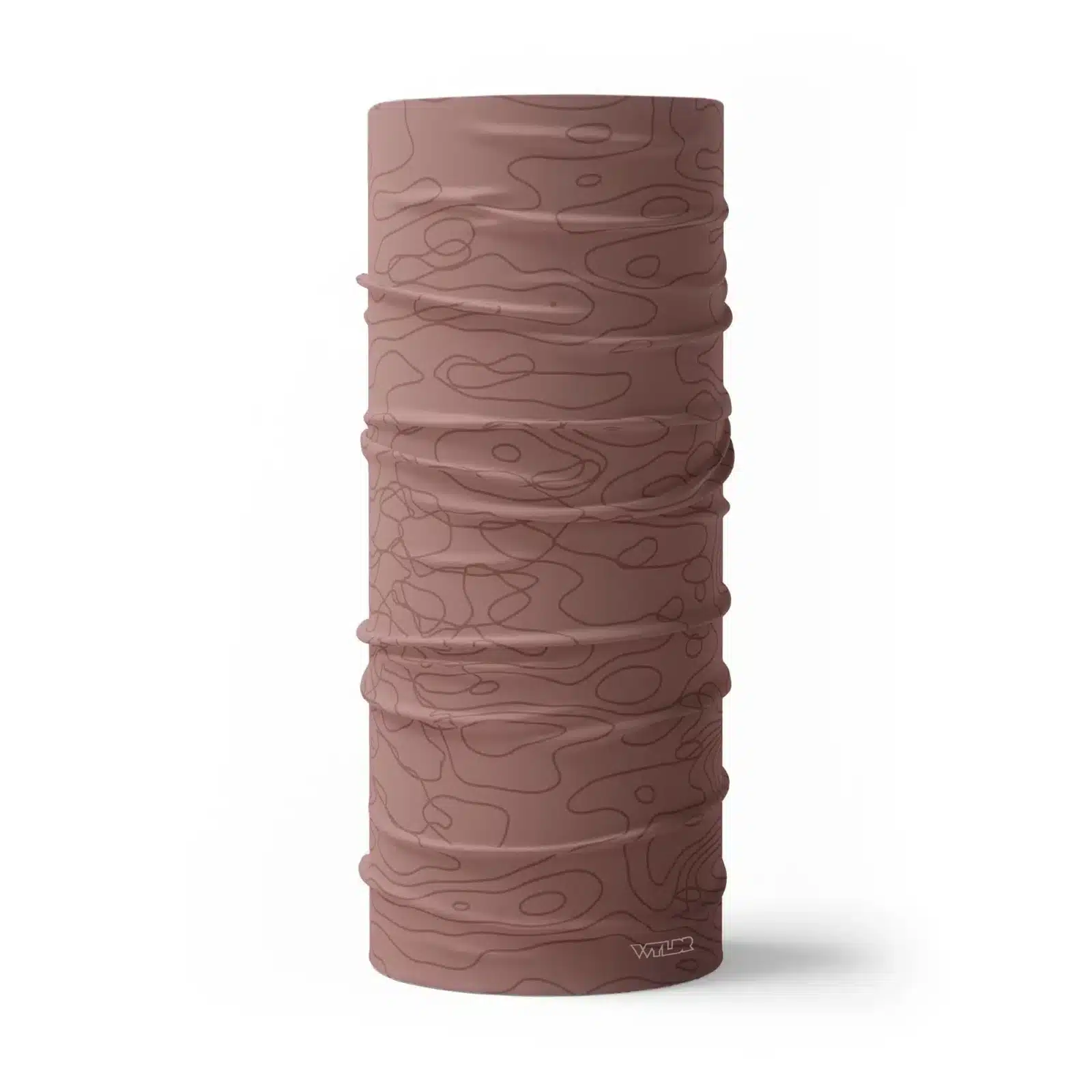 a full size neck gaiter in a simple re-designed topographical map design. Background is a light clay/putty color with rust colored lines