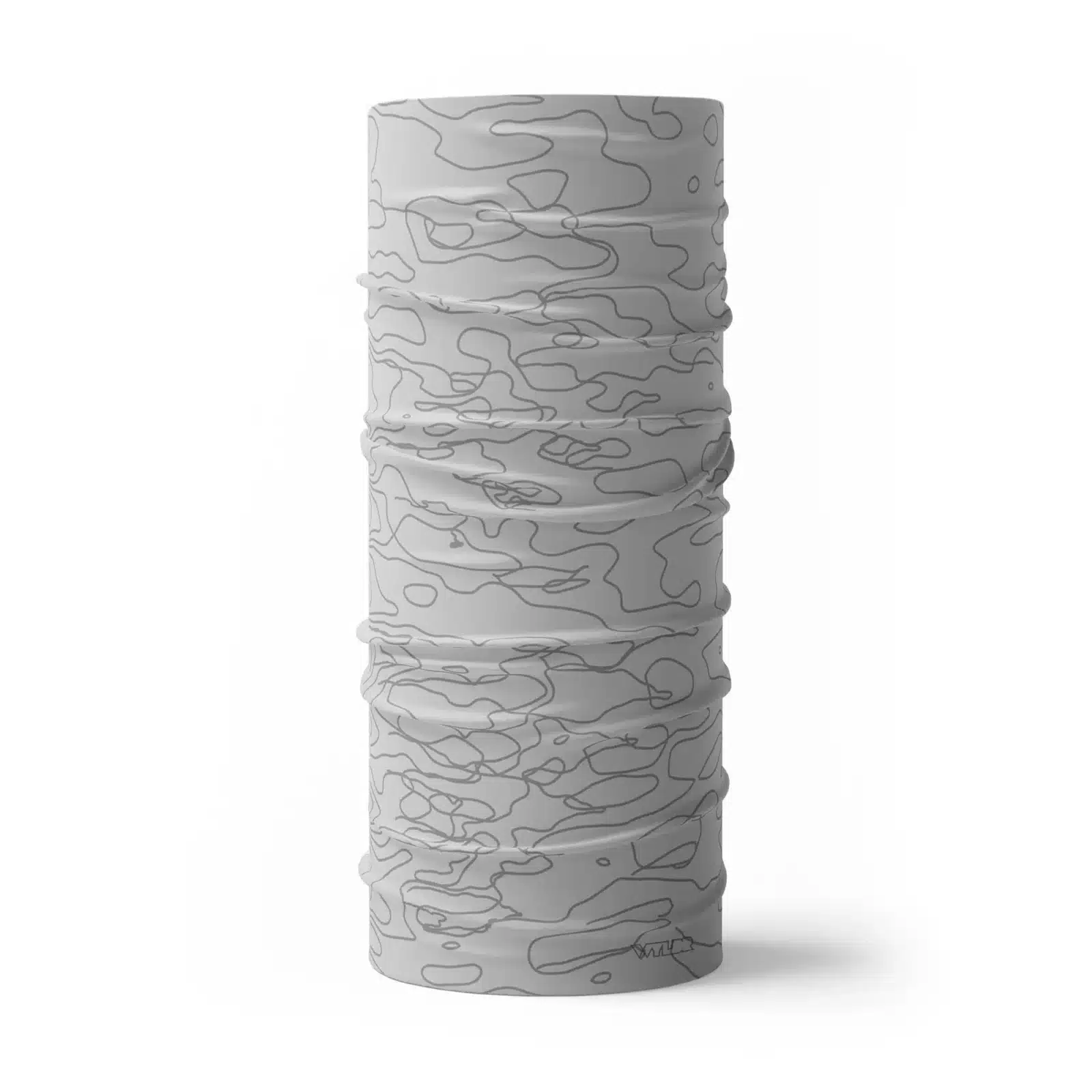 a full size neck gaiter in a simple re-designed topographical map design. Background is a light gray color with dark gray colored lines