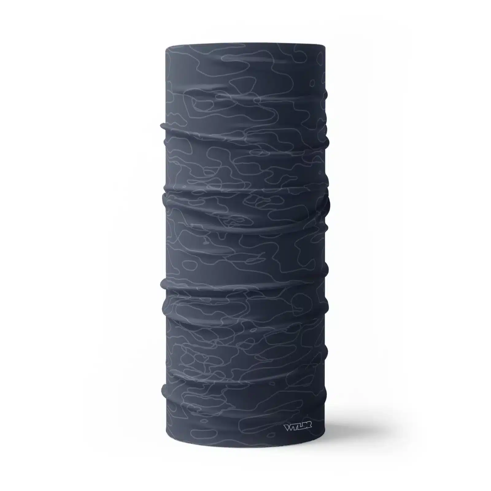 a full size neck gaiter in a simple re-designed topographical map design. Background is a dark blue color with light gray colored lines