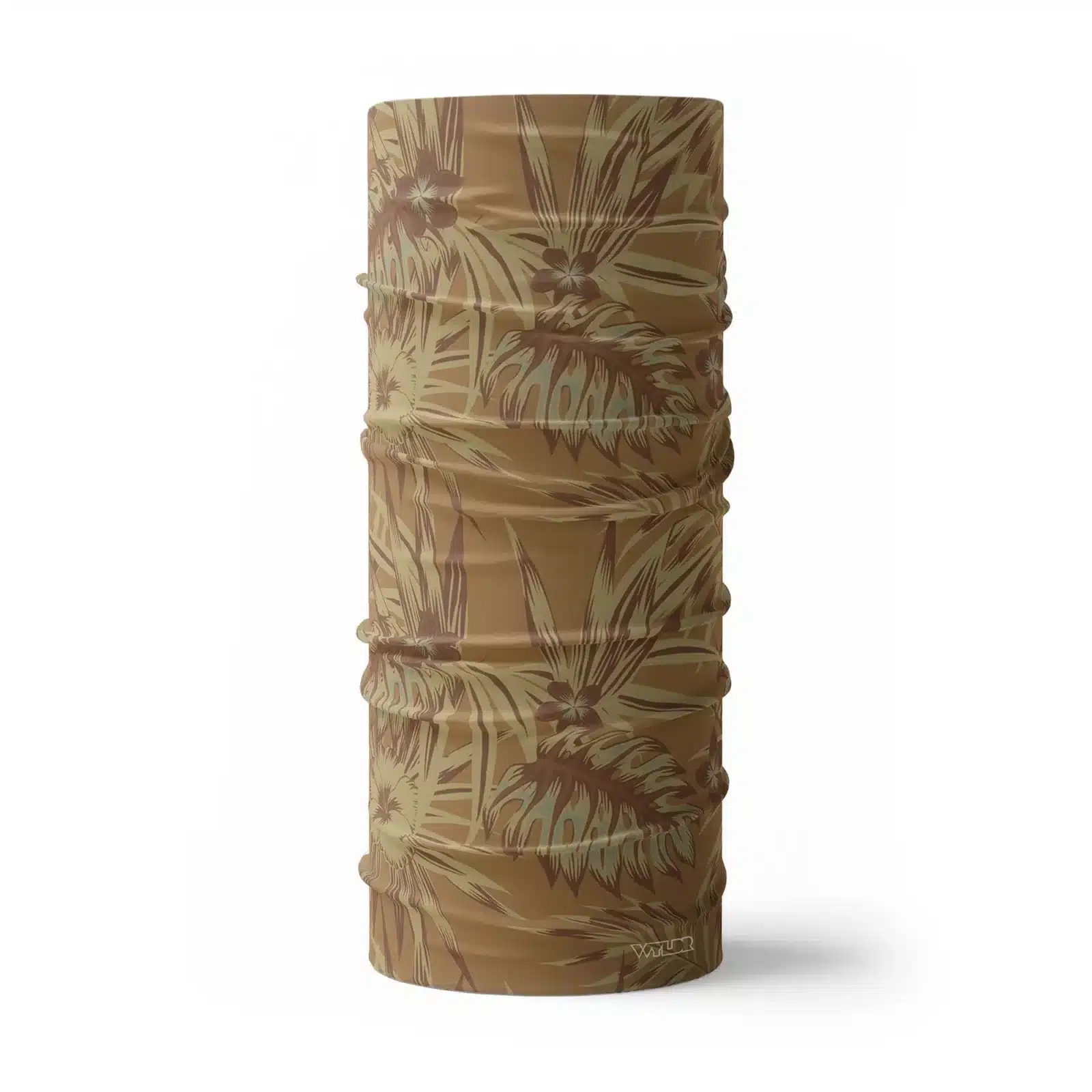 an image of a full size neck gaiter in an abstract pattern. lines are used to create the illusion of tropical flowers and leaves on a solid color background. this is in the cedar/sunflower color variant