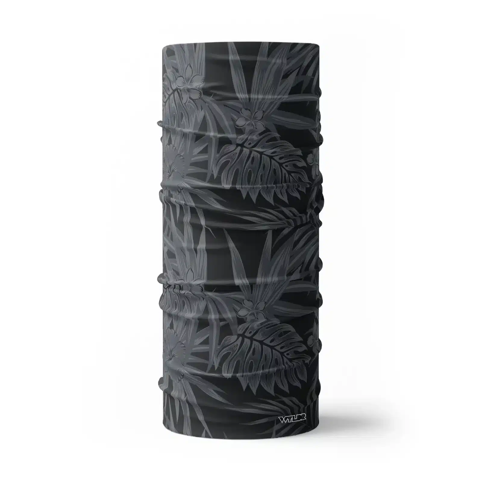 an image of a full size neck gaiter in an abstract pattern. lines are used to create the illusion of tropical flowers and leaves on a solid color background. this is in the coal/smoke color variant