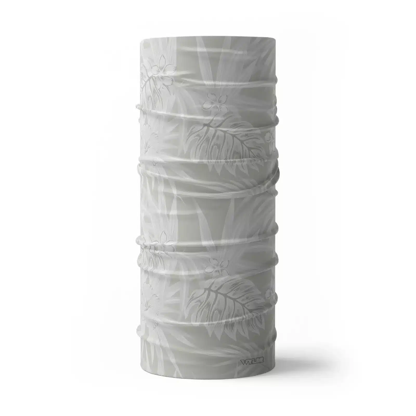 an image of a full size neck gaiter in an abstract pattern. lines are used to create the illusion of tropical flowers and leaves on a solid color background. this is in the dune/stone color variant