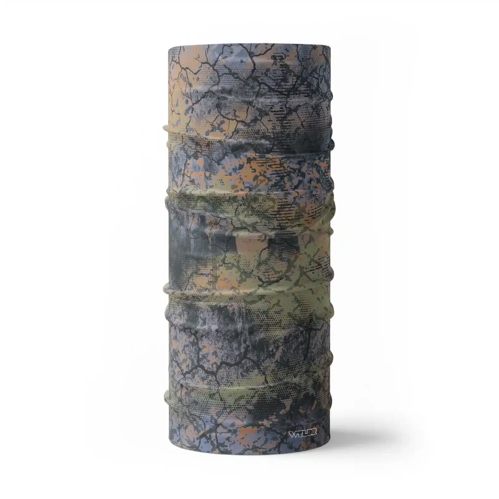 an image of a full sized neck gaiter. an abstract design in greens, corals and purples created to mimic the colorful designs found on fish