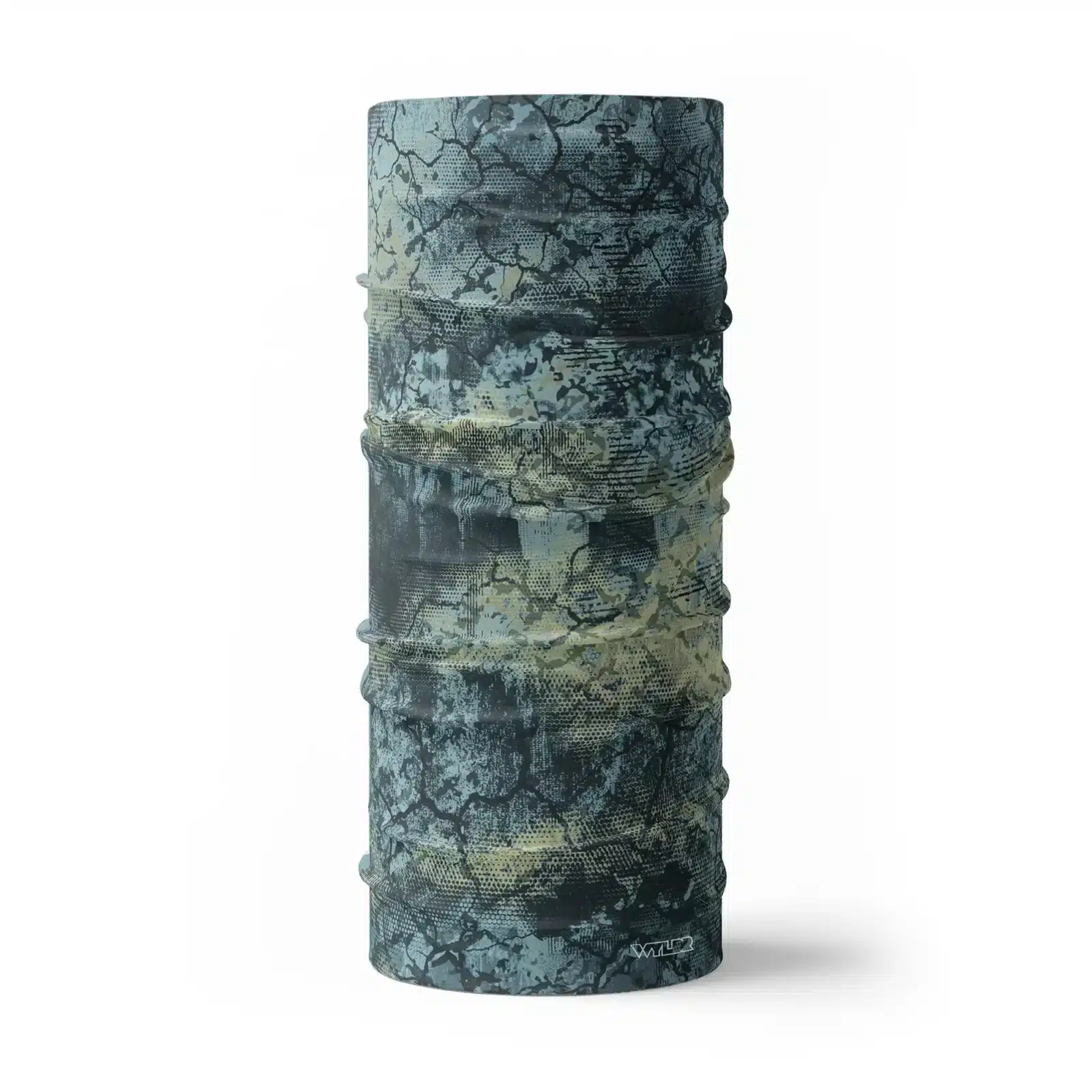 an image of a full sized neck gaiter. an abstract design in light greens and blues created to mimic the colorful designs found on fish