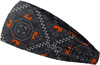 A Hoorag Headband with a black and red custom design and logos