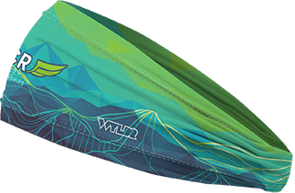 A Hoorag Headband by WYLDR with a green and blue custom design and logos