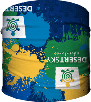 A full Hoorag Headband by WYLDR with a green, blue and yellow custom design and logos