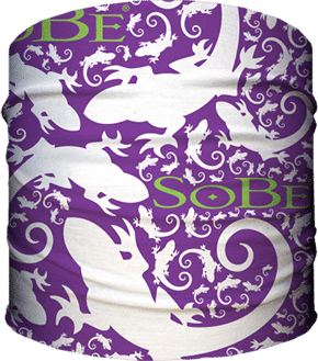 A Hoorag Headband by WYLDR with a purple and white SOBE custom design and logos
