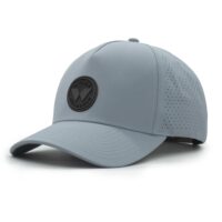 three-quarter view of a 5 panel, water resistant, floatable hat with a PVC patch. the patch is a round medallion featuring the letter W and the text Wyldr Outdoors. the hat is light blue