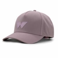 three-quarter view of a 5 panel, water resistant, floatable hat with a PVC patch. the patch is of the letter W from the brand name Wyldr. the hat is lilac purple. the patch matches the hat color.