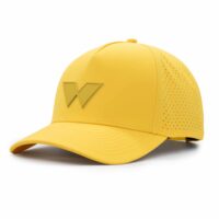 three-quarter view of a 5 panel, water resistant, floatable hat with a PVC patch. the patch is of the letter W from the brand name Wyldr. the hat is yellow. the patch matches the hat color.