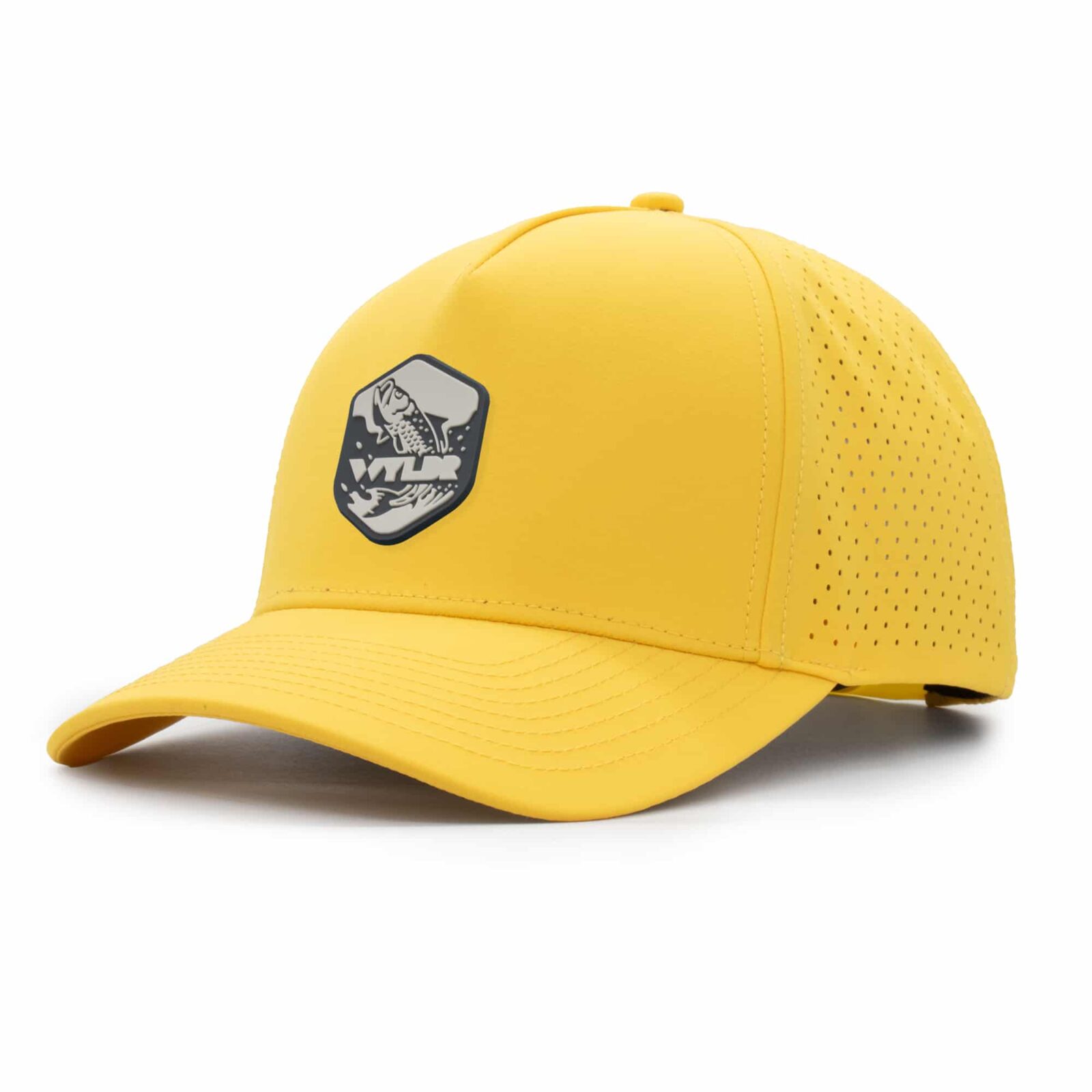 three-quarter view of a 5 panel, water resistant, floatable hat with a PVC patch. the patch is of a tarpon splashing out of the water and has the brand name Wyldr over it. the hat is yellow